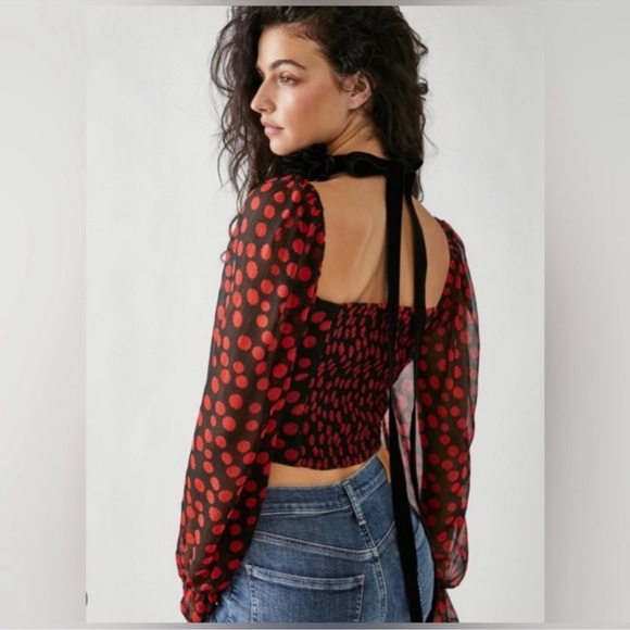 New Free People Red Black Parka Top Retro Style Smocked Crop Valentine - Picture 1 of 8